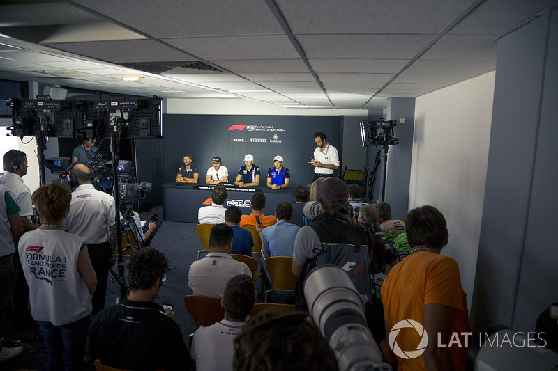 (L to R): Romain Grosjean, Haas F1, Fernando Alonso, McLaren, Esteban Ocon, Force India F1 amd Pierre Gasly, Scuderia Toro Rosso in the Press Conference