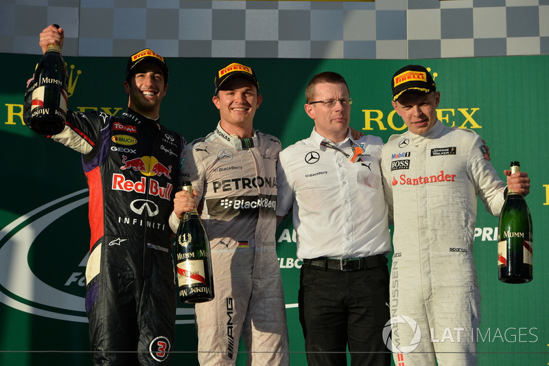 2014: 1. Nico Rosberg, 2. Kevin Magnussen, 3. Jenson Button