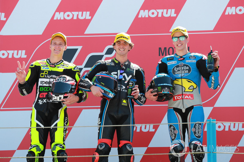 Podio: il secondo classificato Fabio Quartararo, Speed Up Racing, il vincitore dell a gara Francesco Bagnaia, Sky Racing Team VR46, il terzo classificato Alex Marquez, Marc VDS