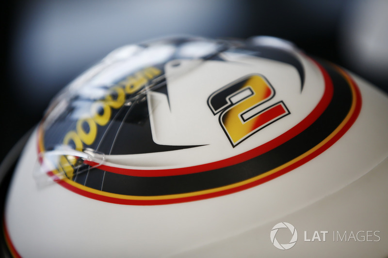 Helmet detail of Stoffel Vandoorne, McLaren, showing a new design for his home grand prix