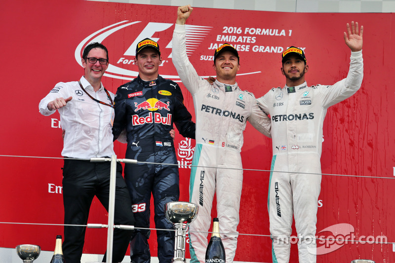 The podium (L to R): Andrew Shovlin, Mercedes AMG F1 Engineer; second place Max Verstappen, Red Bull Racing; Race winner, Nico Rosberg, Mercedes AMG F1; third place Lewis Hamilton, Mercedes AMG F1