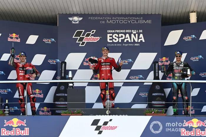 Podio: il vincitore Jack Miller, Ducati Team, Francesco Bagnaia, Ducati Team, Franco Morbidelli, Petronas Yamaha SRT