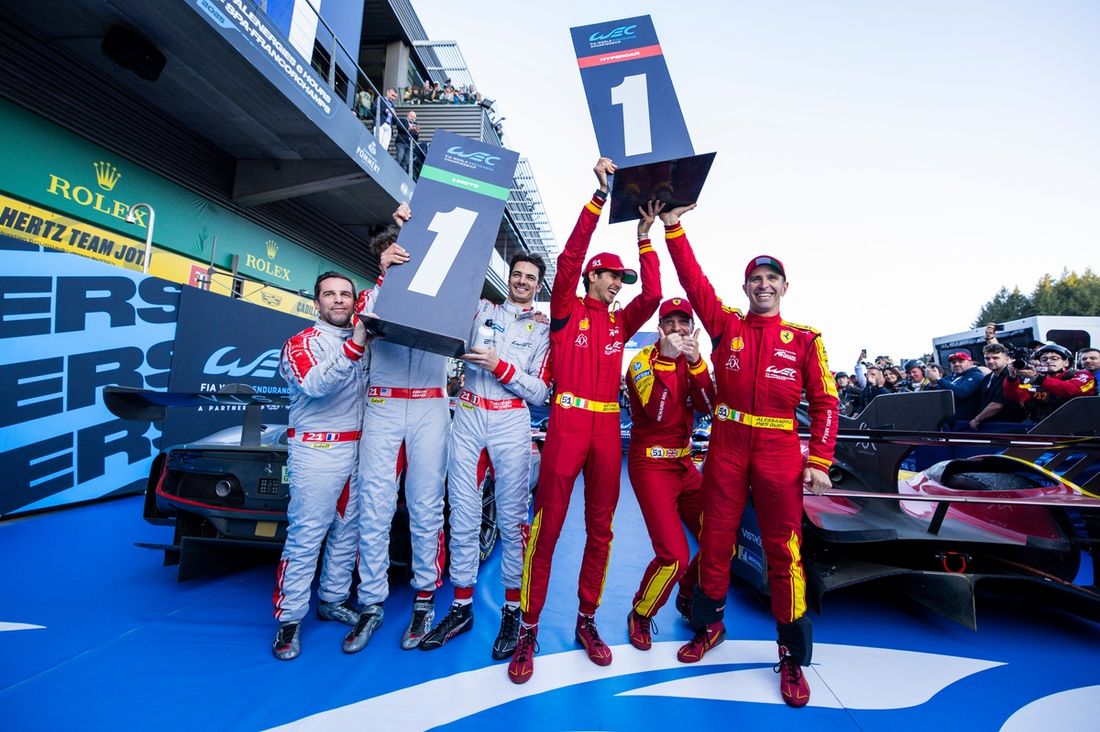 Zwycięzca wyścigu GT3LM, #21 Vista AF Corse Ferrari 296 LMGT3: Francois Heriau, Simon Mann, Alessio Rovera, Zwycięzca wyścigu #51 Ferrari AF Corse Ferrari 499P: Alessandro Pier Guidi, James Calado, Antonio Giovinazzi