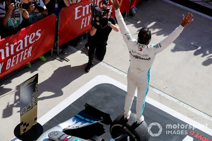 Lewis Hamilton, Mercedes AMG F1, celebrates winning his sixth world championship in parc ferme