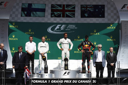 Lewis Hamilton, Mercedes AMG F1, celebrates victory on the podium, Valtteri Bottas, Mercedes AMG F1