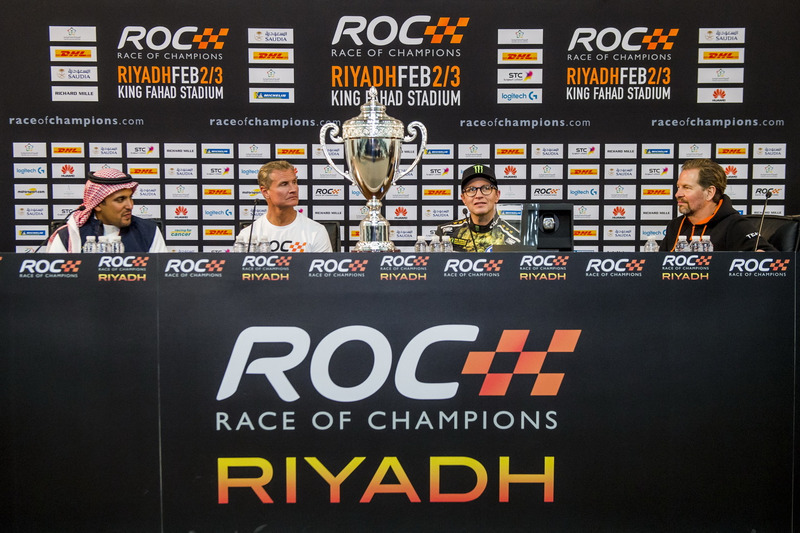 Winner David Coulthard, Petter Solberg, Prince Khaled Al Faisal, President of the Motor Federation Of Saudi Arabia and Fredrik Johnsson in the press conference