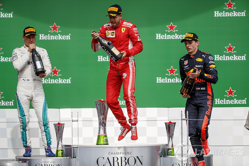 Valtteri Bottas, Mercedes AMG F1, 2nd position, Sebastian Vettel, Ferrari, 1st position, and Max Ver