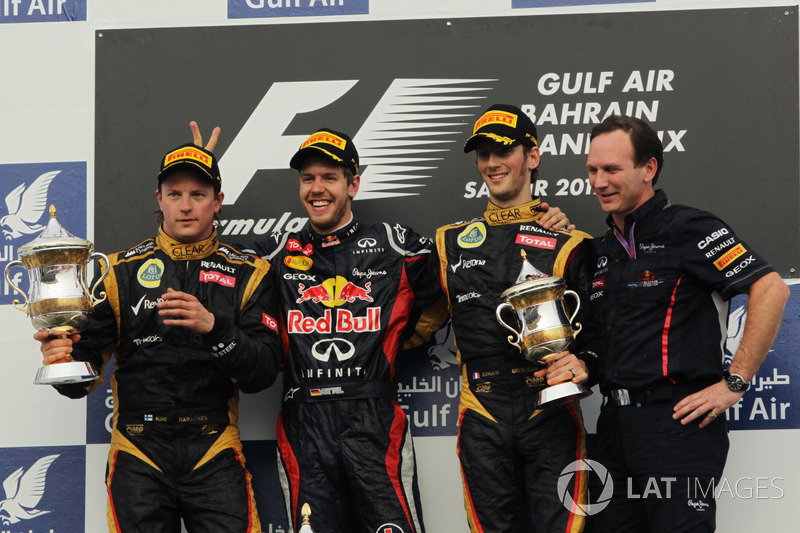 Podium: second place Kimi Raikkonen, Lotus F1 Team, Race winner Sebastian Vettel, Red Bull Racing, Romain Grosjean, Lotus F1 Team, Christian Horner, Red Bull Racing Team Principal