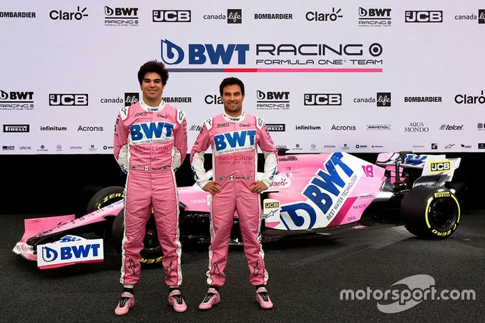 Sergio Pérez, Racing Point, Lance Stroll, con la nueva decoración del Racing Point  