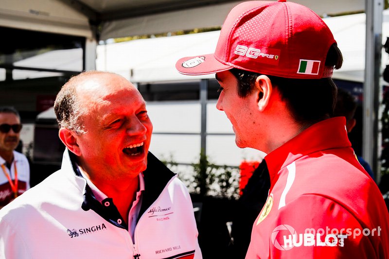 Frederic Vasseur, Team Principal, Alfa Romeo Racing and Charles Leclerc, Ferrari