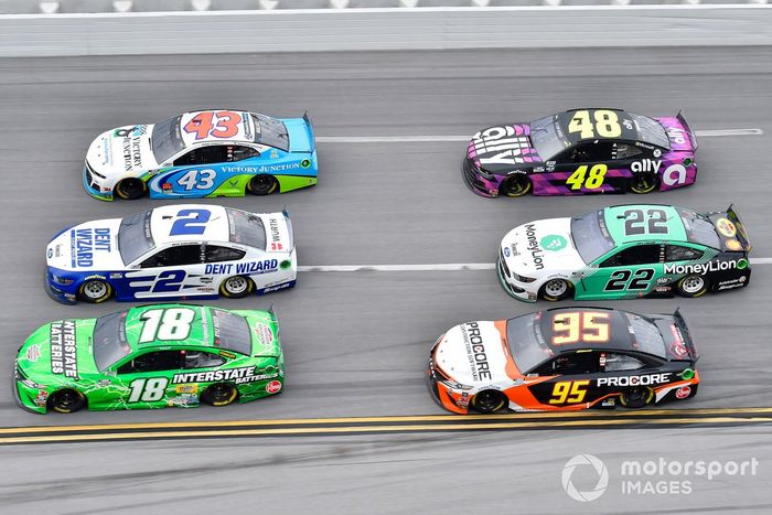 Kyle Busch, Joe Gibbs Racing, Toyota Camry Interstate Batteries, Brad Keselowski, Team Penske, Ford Mustang Dent Wizard, Darrell Wallace Jr., Richard Petty Motorsports, Chevrolet Camaro Victory Junction, Christopher Bell, Leavine Family Racing, Toyota Camry Procore, Joey Logano, Team Penske, Ford Mustang MoneyLion, Jimmie Johnson, Hendrick Motorsports, Chevrolet Camaro Ally