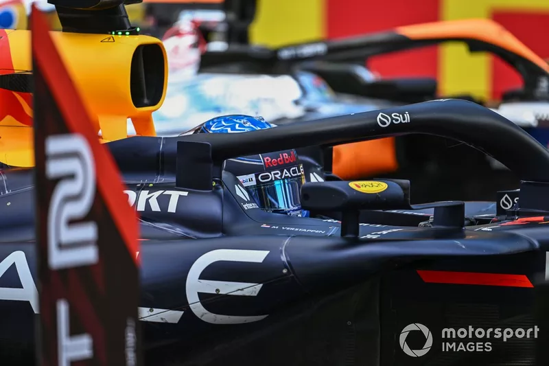 Max Verstappen, Red Bull Racing RB20, 1st position, in Parc Ferme 