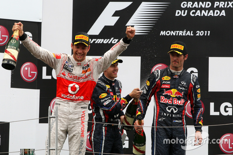 Jenson Button, McLaren Mercedes; Sebastian Vettel, Red Bull Racing; Mark Webber (AUS), Red Bull Racing