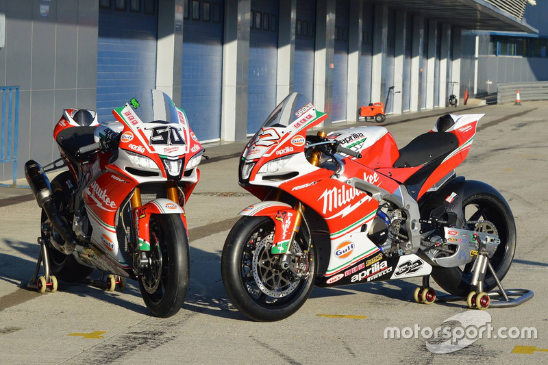 Die Bikes von Lorenzo Savadori, Milwaukee Aprilia World Superbike Team, und Eugene Laverty, Milwauke