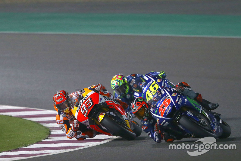 Maverick Viñales, Yamaha Factory Racing; Marc Marquez, Repsol Honda Team; Valentino Rossi, Yamaha Factory Racing