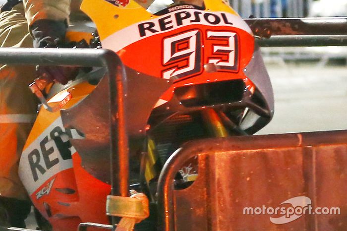 Marc Marquez, Repsol Honda Team, showing new aerodynamic fairing/wing after a crash