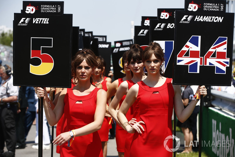 Chicas de la parrilla Sebastian Vettel, Ferrari, Lewis Hamilton, Mercedes AMG F1