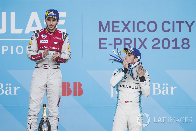 Daniel Abt, Audi Sport ABT Schaeffler, celebrates on the podium after winning the race with Sébastien Buemi, Renault e.Dams