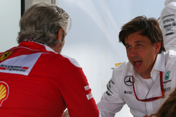 (L to R): Maurizio Arrivabene, Ferrari Team Principal with Toto Wolff, Mercedes AMG F1 Shareholder and Executive Director