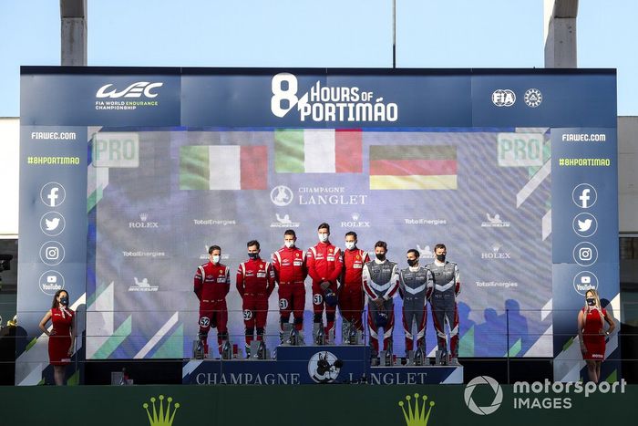 Podio LM GTE Pro #52 AF Corse Ferrari 488 GTE EVO: Daniel Serra, Miguel Molina, #51 AF Corse Ferrari 488 GTE EVO: Alessandro Pier Guidi, James Calado, #92 Porsche GT Team Porsche 911 RSR - 19: Kevin Estre, Neel Jani, Michael Christensen 