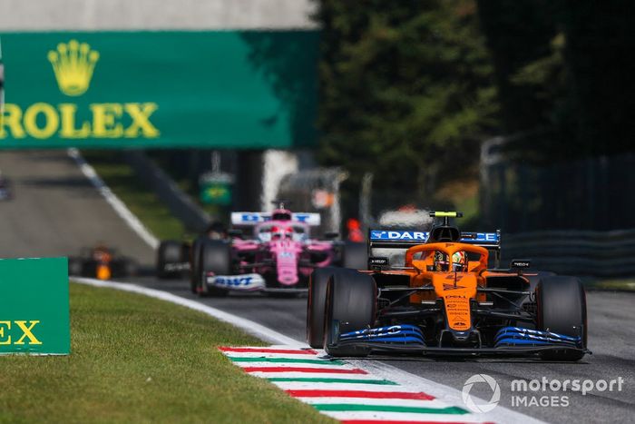Lando Norris, McLaren MCL35, Sergio Pérez, Racing Point RP20