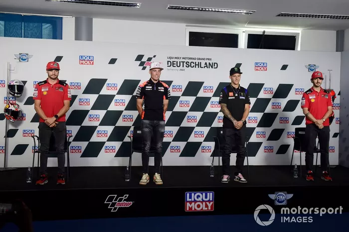 Jack Miller, equipo Ducati, Aleix Espargaró, equipo Aprilia Racing, Fabio Quartararo, Yamaha Factory Racing, Francesco Bagnaia, equipo Ducati 