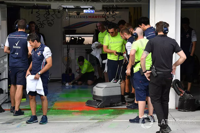 Williams mechanic clear aero paint from the garage floor