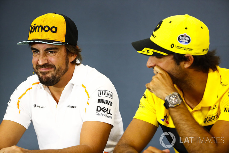 Fernando Alonso, McLaren, and Carlos Sainz Jr., Renault Sport F1 Team, in the Thursday press conference