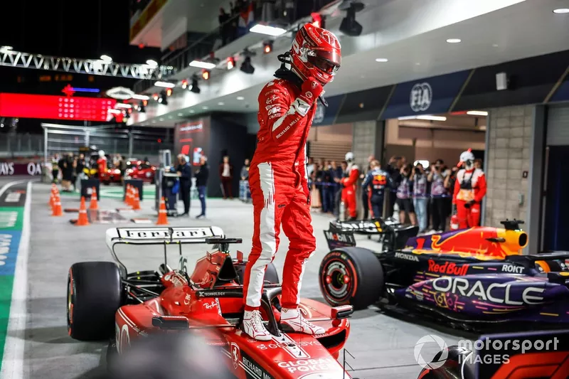 Pole man Charles Leclerc, Scuderia Ferrari, arrives in Parc Ferme