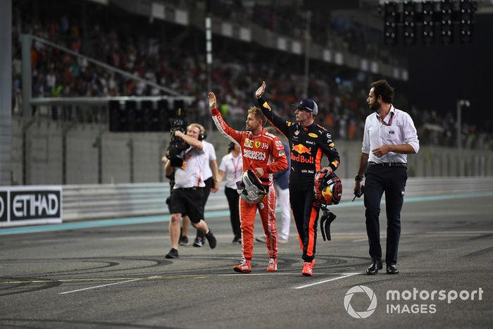 Sebastian Vettel, Ferrari and Max Verstappen, Red Bull Racing celebrate in Parc Ferme 