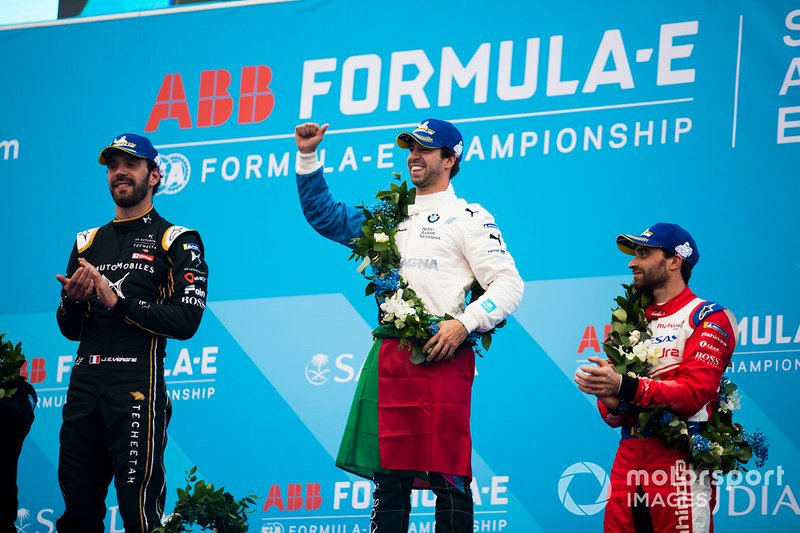 Winner Antonio Felix da Costa, BMW I Andretti Motorsports with second position Jean-Eric Vergne, DS TECHEETAH, third position Jérôme d'Ambrosio, Mahindra Racing on the podium