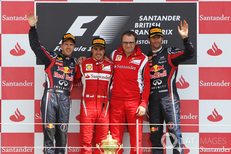 Podium: second place Sebastian Vettel, Red Bull Racing, Race winner Fernando Alonso, Ferrari, Stefano Domenicali, Ferrari General Director, third place Mark Webber, Red Bull Racing