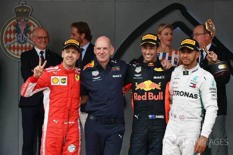 Podium: second place Sebastian Vettel, Ferrari, Adrian Newey, Red Bull Racing, Race winner Daniel Ricciardo, Red Bull Racing, third place Lewis Hamilton, Mercedes-AMG F1