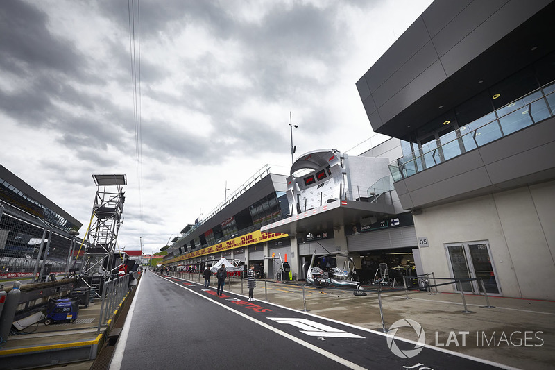 A scenic view of the pit lane and the Mercedes garage