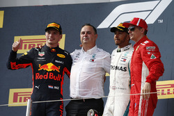 Max Verstappen, Red Bull Racing, Ron Meadows, Mercedes AMG F1 Team Manager, Lewis Hamilton, Mercedes-AMG F1 and Kimi Raikkonen, Ferrari celebrate on the podium
