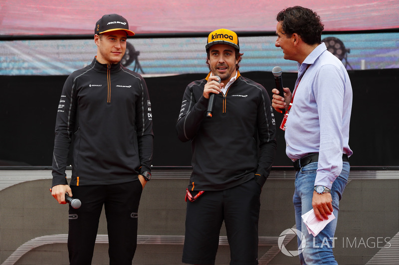 Stoffel Vandoorne, McLaren, and Fernando Alonso, McLaren, are interviewed on stage