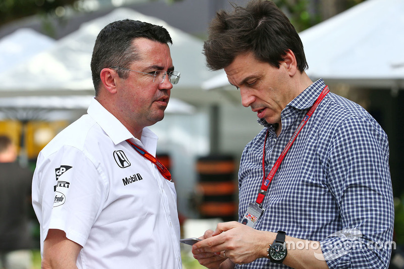 Eric Boullier, McLaren Racing Director with Toto Wolff, Mercedes AMG F1 Shareholder and Executive Director