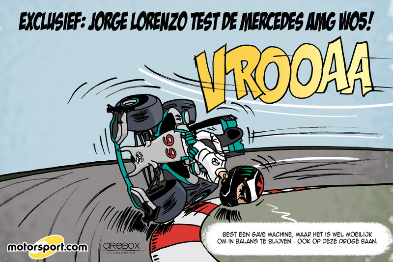 Cartoon van Cirebox - Jorge Lorenzo test Mercedes F1-bolide (op zijn manier)