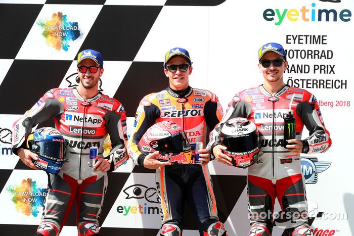 Pole sitter Marc Marquez, Repsol Honda Team, second place Andrea Dovizioso, Ducati Team, third place Jorge Lorenzo, Ducati Team
