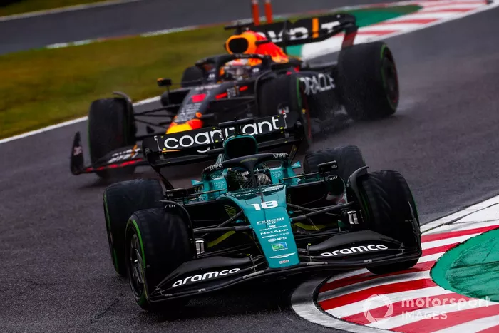 Lance Stroll, Aston Martin AMR22, Max Verstappen, Red Bull Racing RB18