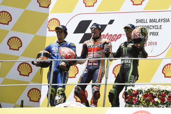 Podium : le vainqueur Marc Marquez, Repsol Honda Team, le deuxième, Alex Rins, Team Suzuki MotoGP, le troisième, Johann Zarco, Monster Yamaha Tech 3