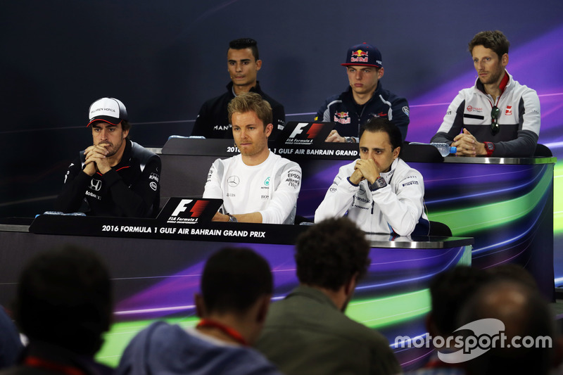 The FIA Press Conference (from back row (L to R): Pascal Wehrlein, Manor Racing; Max Verstappen, Scu