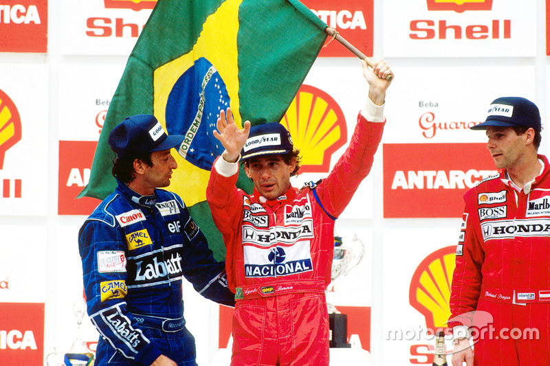 Pódio: vencedor Ayrton Senna, da McLaren, 2º colcoado Riccardo Patrese, da Williams, e 3º colocado Gerhard Berger, da McLaren