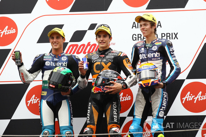 Podium: second place Pol Espargaro, Race winner Marc Marquez, third place Tito Rabat