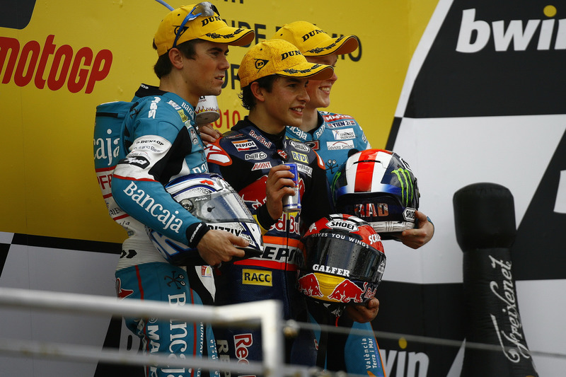 Podium: second place Nicolás Terol, Race winner Marc Marquez, third place  Bradley Smith