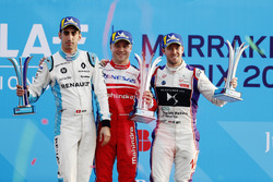 Sébastien Buemi, Renault e.Dams, Felix Rosenqvist, Mahindra Racing, Sam Bird, DS Virgin Racing, sur le podium