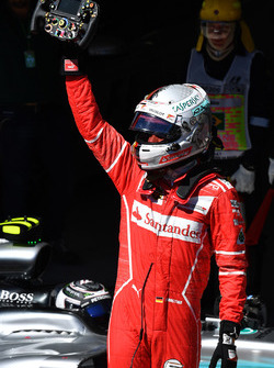 Race winner Sebastian Vettel, Ferrari SF70H celebrates in parc ferme