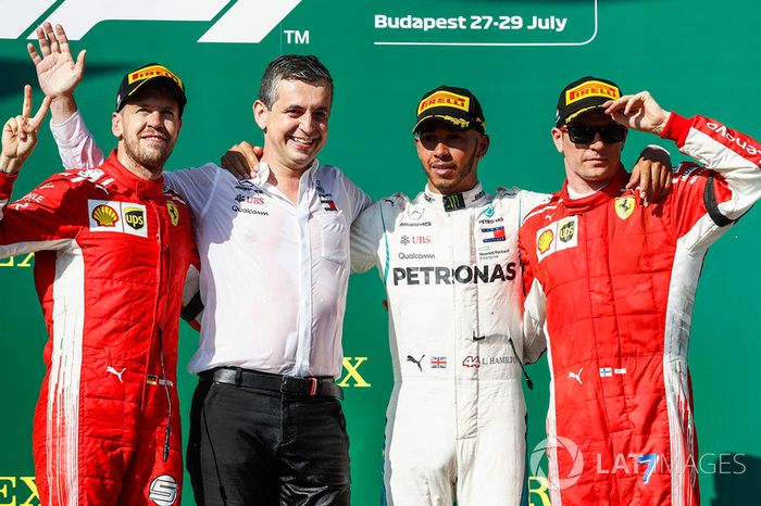 Podio: Lewis Hamilton, Mercedes AMG F1, Sebastian Vettel, Ferrari, Kimi Raikkonen, Ferrari