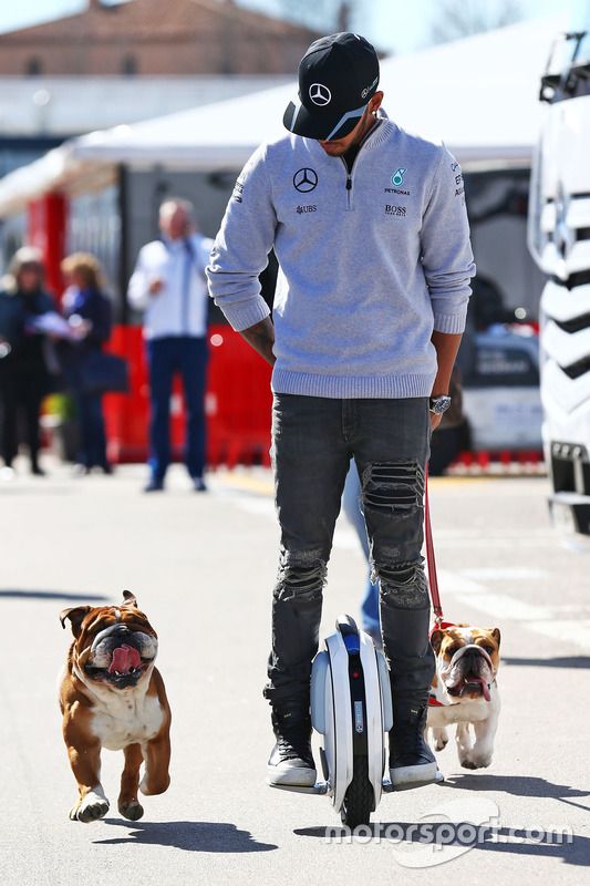 Lewis Hamilton, de Mercedes AMG F1 en un hoverboard en el paddock con su perros Roscoe y Coco
