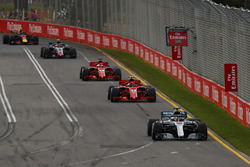 Lewis Hamilton, Mercedes AMG F1 W09, leads Kimi Raikkonen, Ferrari SF71H, Sebastian Vettel, Ferrari SF71H, Kevin Magnussen, Haas F1 Team VF-18 Ferrari, and Max Verstappen, Red Bull Racing RB14 Tag Heuer